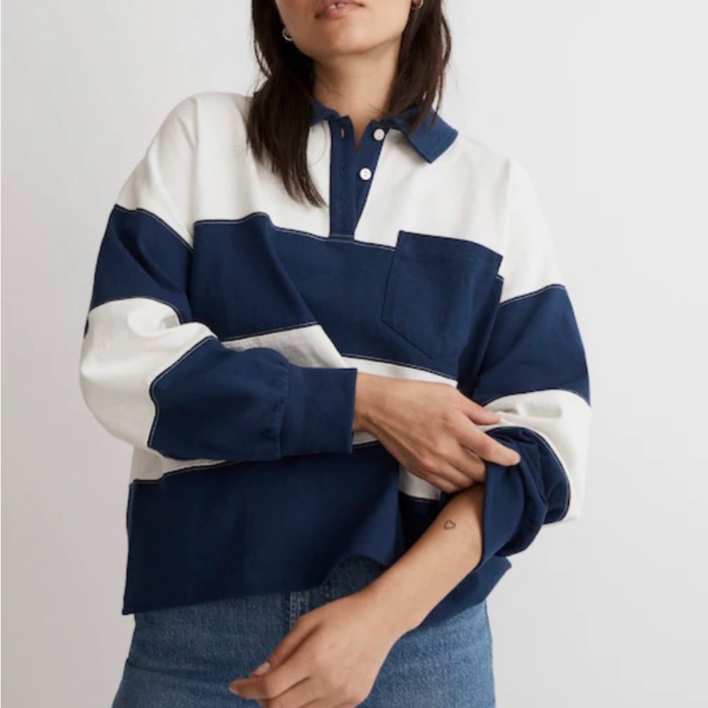Madewell MWL Striped Rugby Polo Shirt - Navy & White Size XXL - Picture 5 of 12
